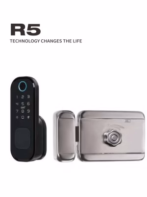 R5-02 Front view of smart rim lock controller and stainless‑steel latch assembly
