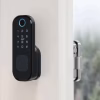 Smart rim lock controller installed on a door frame with visible latch hardware