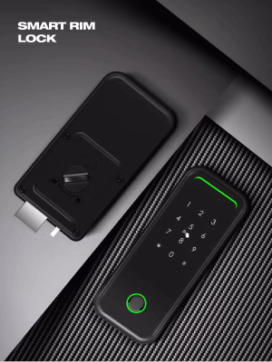 black smart rim lock with ring‑lit fingerprint and top status light bar
