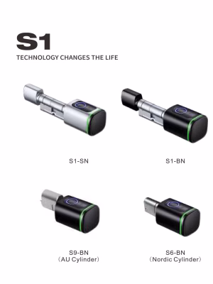 S1-02 cilindros electrónicos inteligentes con lector de huellas dactilares en plata y negro, además de las variantes nórdica y australiana