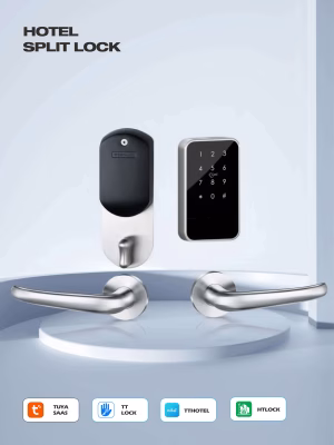 hotel split smart lock with wall‑mounted keypad reader and stainless lever handles