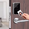 split hotel smart lock showing keypad reader on door with stainless lever handle