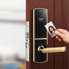 luxury hotel smart card lock with tap‑to‑open RFID access on a wooden door