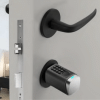 Smart cylinder installed on a door with modern handle in a home setting