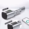 Smart electronic cylinder showing top card reader and bottom keypad with app control