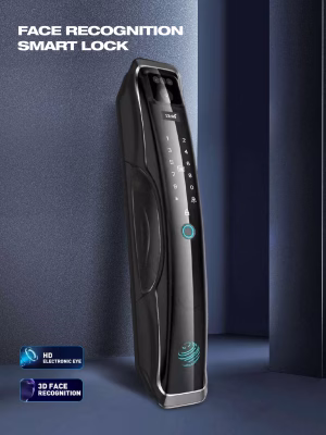 Cerradura inteligente con reconocimiento facial, cámara HD, teclado táctil y anillo de estado iluminado, con acabado metálico