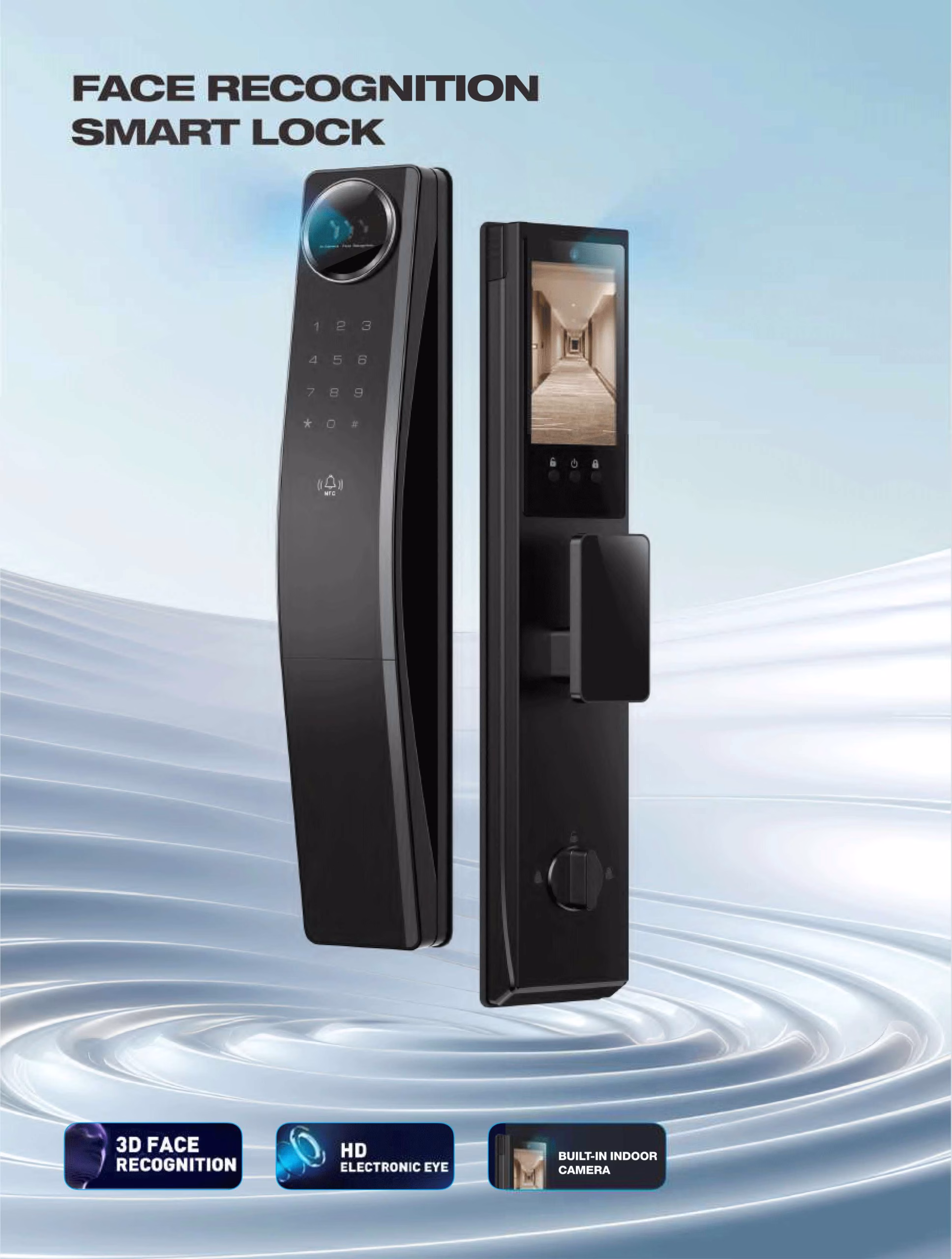 Smart Lock mit Gesichtserkennung, gewölbter Frontblende, rundem Kameramodul und Touch-Tastatur