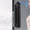 Smart lock installed on a door with multi‑bolt mortise, round camera head, and touch keypad
