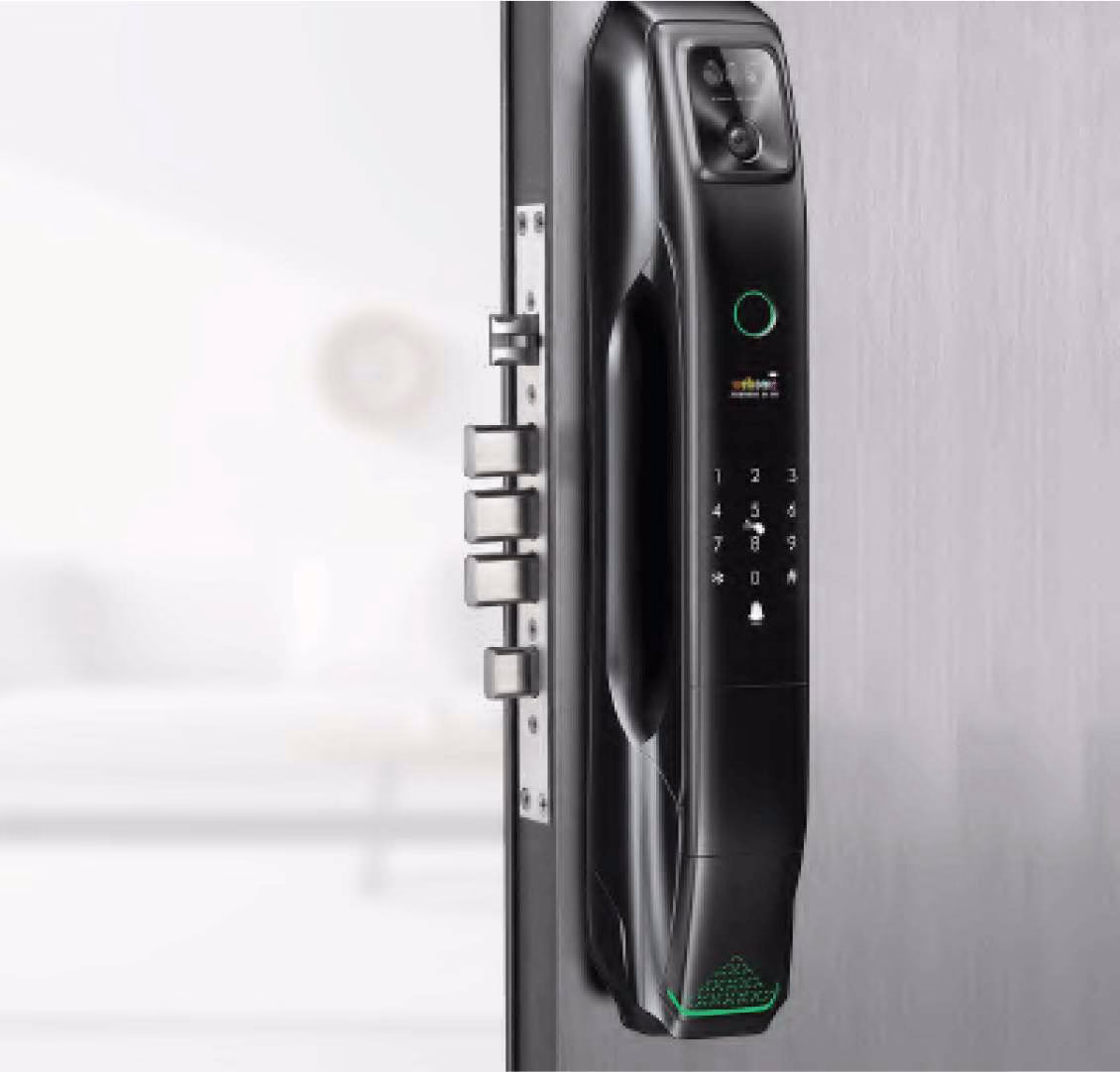 Smart lock installed on a door with multi‑bolt mortise and touch keypad