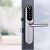 lever fingerprint smart lock with backlit keypad installed on an aluminum‑glass door