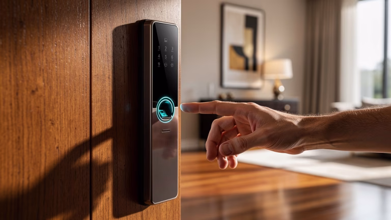 Cerradura de puerta inteligente con anillo de huellas dactilares iluminado y teclado numérico activado en un salón moderno