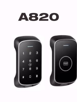 Cerradura con teclado táctil inteligente para armario, vista frontal y trasera, en acabado negro