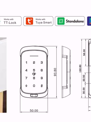 2026-SMARTEK-72_08 Cerradura inteligente con teclado táctil para armarios, compatible con aplicaciones, vista de instalación y dimensiones técnicas