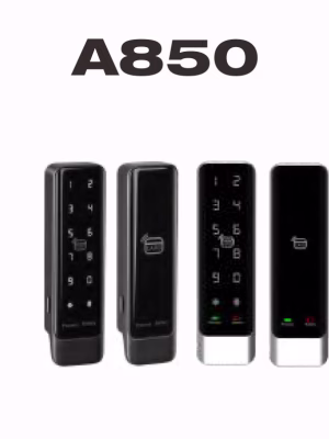 Smart touch cabinet door lock product display with front and rear views