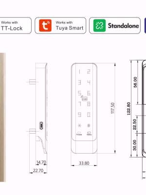 2026-SMARTEK-72_11 Smart touch cabinet door lock installed on a wooden cabinet with technical drawing and dimensions