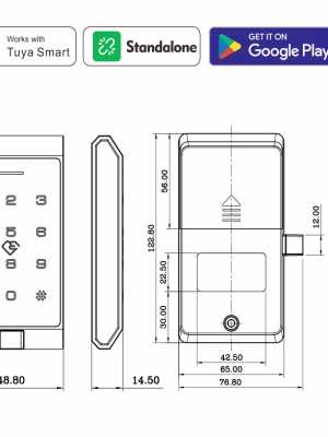 Desenho técnico de uma fechadura inteligente para armário, com dimensões e ícones de compatibilidade com aplicações