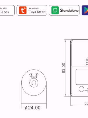 2026-SMARTEK-73_10 Smart RFID cabinet lock installed on a bedside cabinet with technical drawing and dimensions