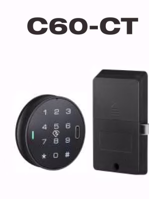 Fechadura inteligente redonda para cacifos, com painel frontal com teclado numérico e corpo da fechadura na parte traseira