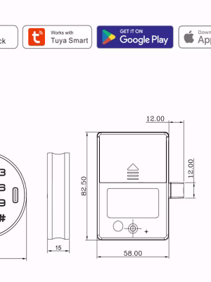 2026-SMARTEK-73_15 Desenho técnico de uma fechadura inteligente redonda para cacifos, com dimensões e ícones de compatibilidade com aplicações